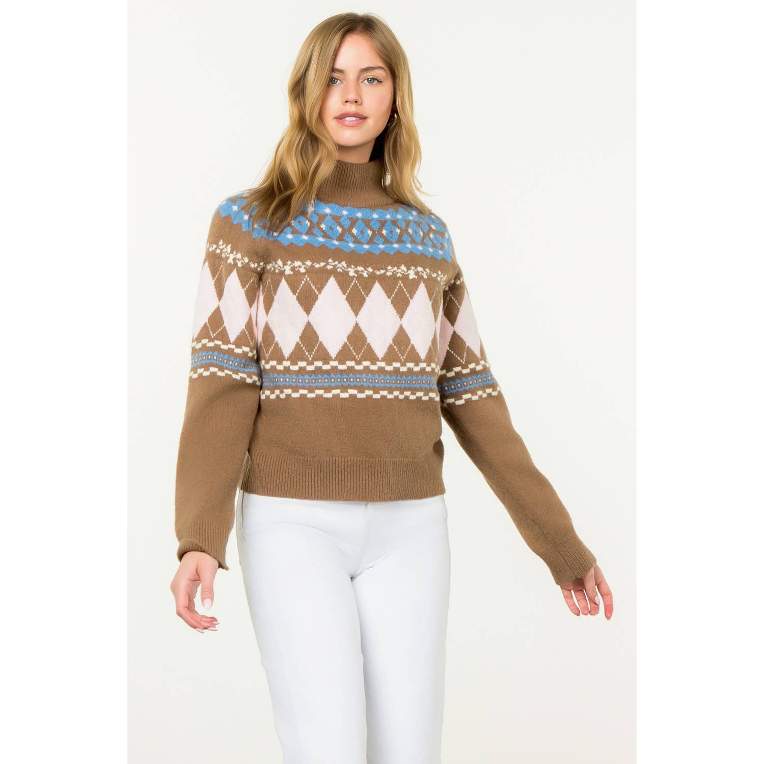BROWN Argyle Fair Isle Mock Neck Sweater for wholesale on Faire7