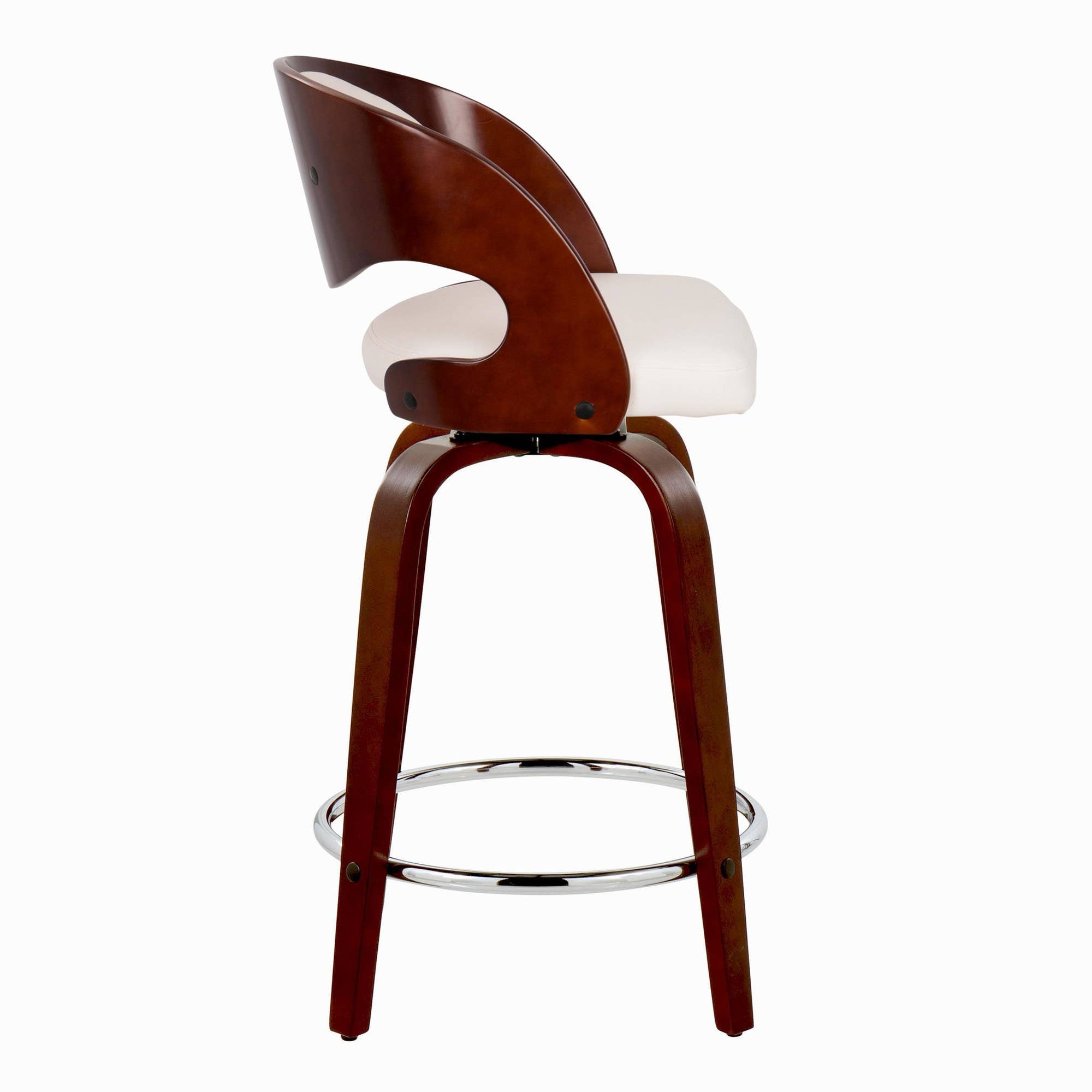 Cherry Wood White PU Chrome Metal Pino 24" Fixed-Height Barstool - Set of 2 for wholesale on Faire2