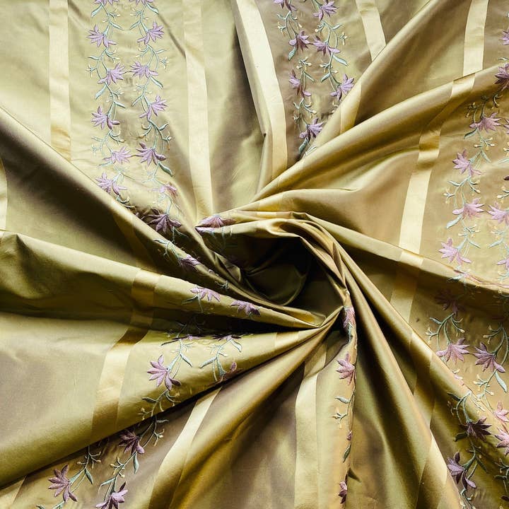 Fancy Styles Fabric - Wholesale Fabric - NEW Duchess Adele Designer 100% Silk Taffeta Ribbon Stripe Embroidered Floral Fabric in Gold and Lavender5