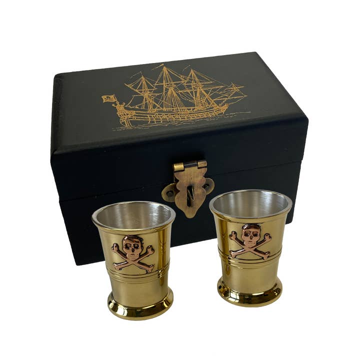 Madison Bay Co. - Historical Home Decor Reproductions - Wholesale Shot Glass - Pirate Ship Wood Box with Pair of Shot Cups