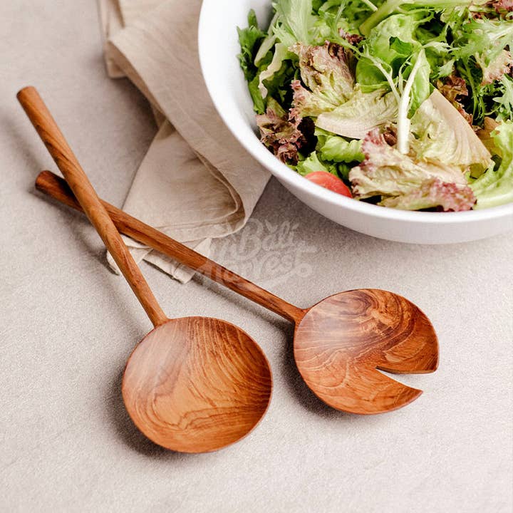 Bali Harvest - Wholesale Serving Utensil - Teak Wooden Salad Servers Set - Salad Spoon Fork Spatula
