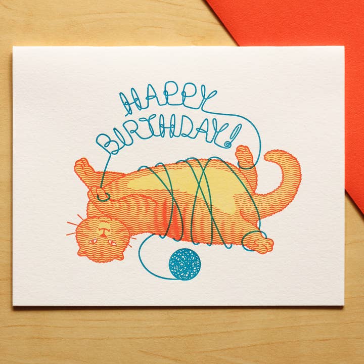 Cat with Yarn Letterpress Birthday Card for wholesale by Fickle Hill Letterpress