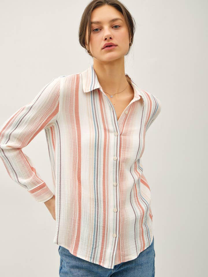 Be Cool - Wholesale Button Down Shirt - Women's - STRIPED GAUZY BUTTON UP TOP W/ ROLL UP SLEEVES