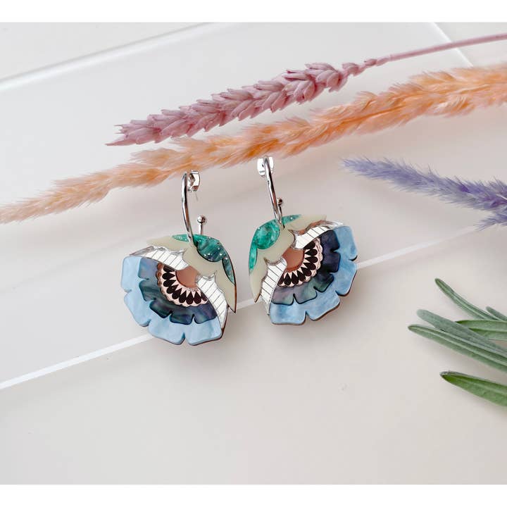 Isobel Floral Hoop Earrings in Cornflower for wholesale by Rosa Pietsch