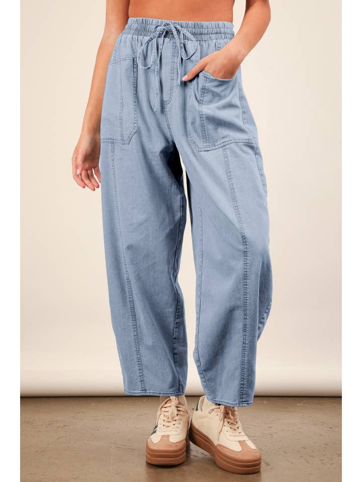 NP70739-Washed Chambray Barrel Denim Pants for wholesale on Faire