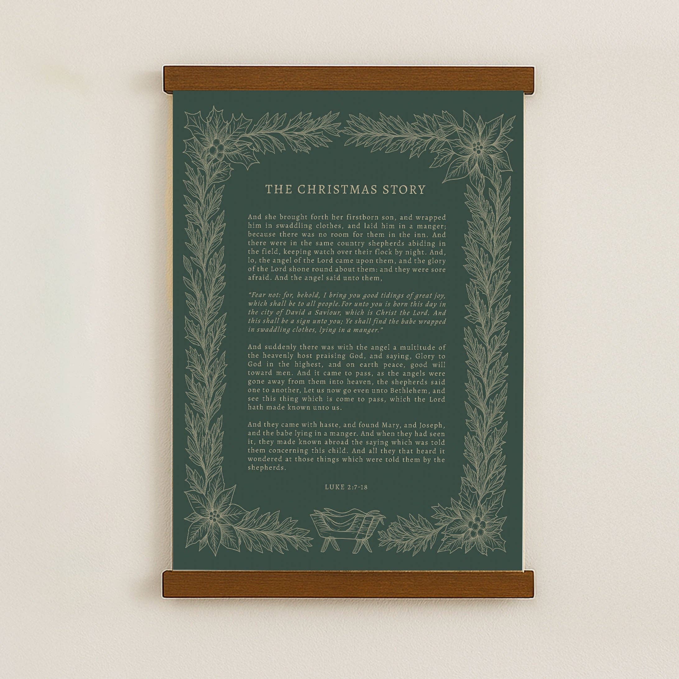 Forever Written - Wholesale Christmas Wall Art - The Christmas Story Hanging Canvas • Luke 2:7-18 Scripture Art • Christian Christmas Wall Decor • Vintage Botanical Nativity Print2