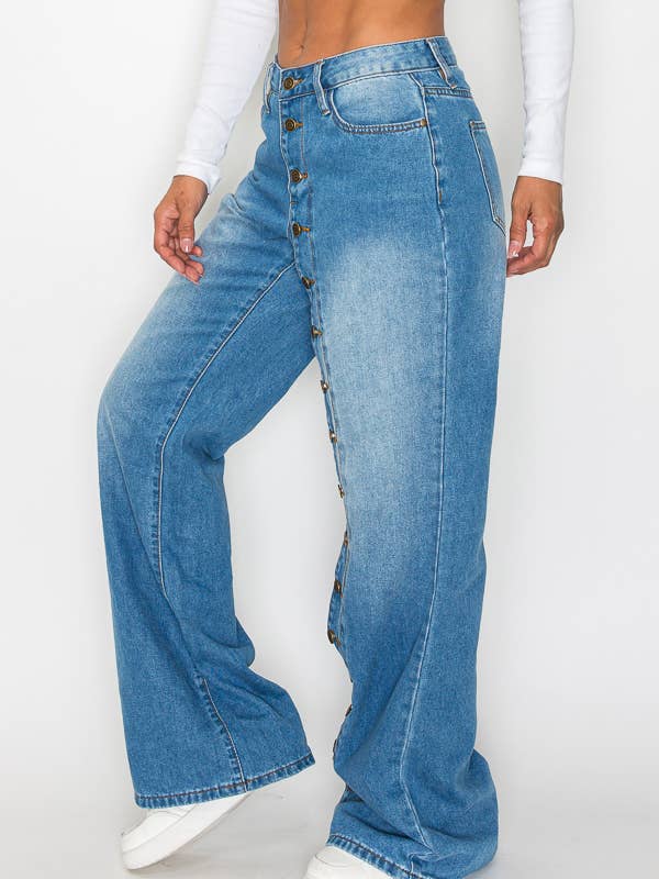 Machine Jeans - Wholesale Jeans - Women's - Vivian Button Wide-Leg Jeans4