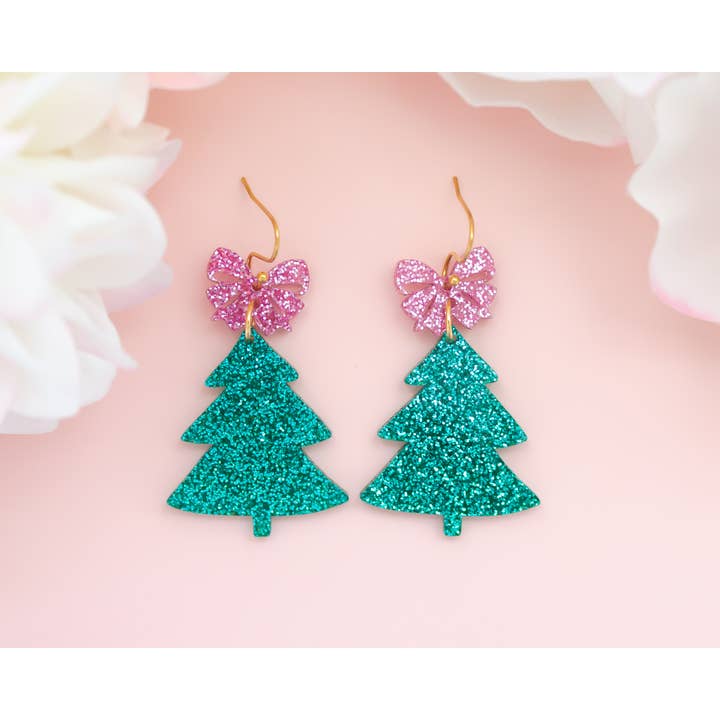 Momenti di Vita - Wholesale Dangle Earrings - Christmas Tree Bow Earrings Teal Pink Glitter Holiday Dangle