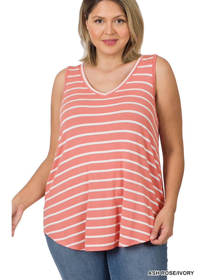 42POPS - Wholesale Knit Top - Women's - SI-22413 Plus Stripe Sleeveless V Neck Top