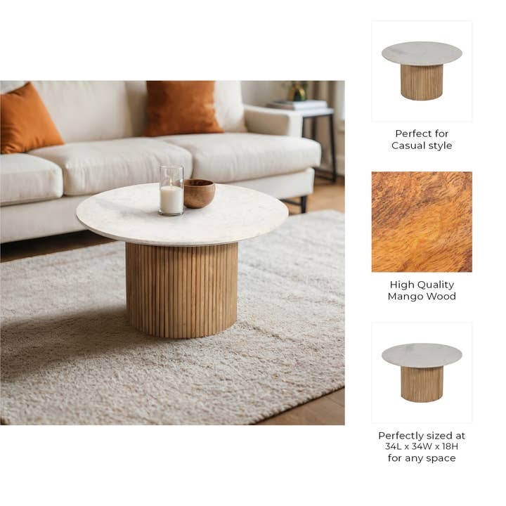 Sagebrook Home - Wholesale Coffee Table - 34 in. Natural/White Round Wood/Marble Reeded Coffee Table