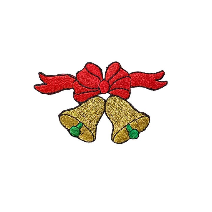 Christmas Gold Bells with Red Bow - Iron on Patch for wholesale by Wholesale Applique