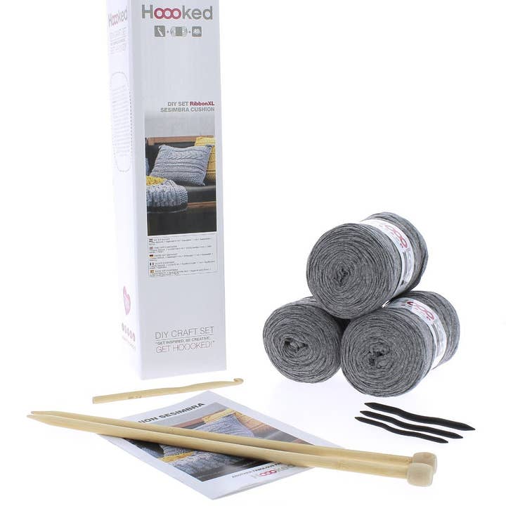 Hoooked Yarns - Wholesale Knitting/Crochet Supplies - DIY Knitting Kit Cushion Sesimbra - Stone Grey1