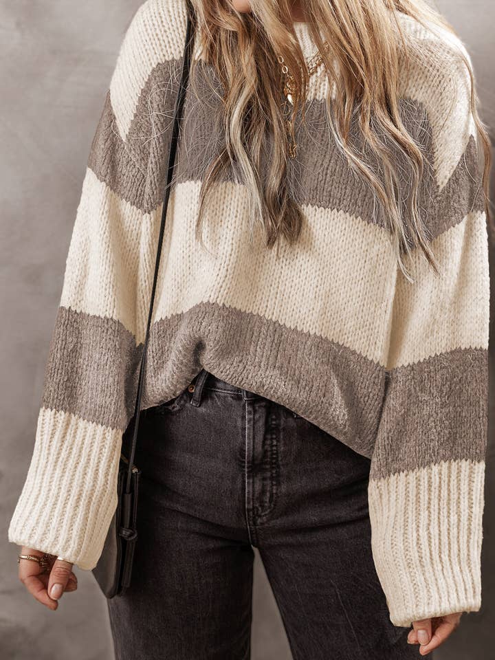 Simply Taupe Colorblock Stripe Pullover Sweater for wholesale on Faire