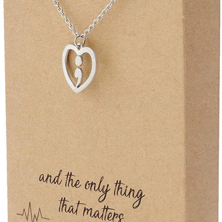Quan Jewelry - Wholesale Pendant/Charm Necklace - Leim Continue Semicolon Heart Necklace, Mental Health Awareness, Encouragement Gifts for Women