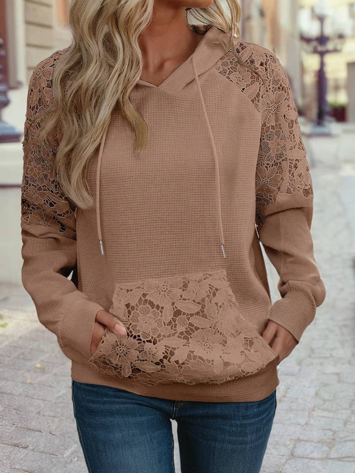 1 the Woman - Wholesale Hoodie - Women's - Lace Patchwork Raglan Sleeve Kangaroo Pocket Waffle Hoodie0