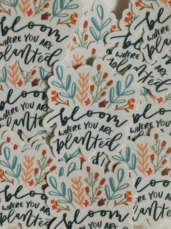 Bloom Where You Are Planted Sticker for wholesale by dinahslettering