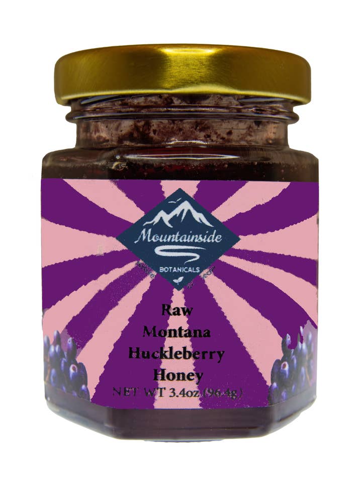 3.4 oz Raw Montana Huckleberry Honey for wholesale by Mountainside Botanicals