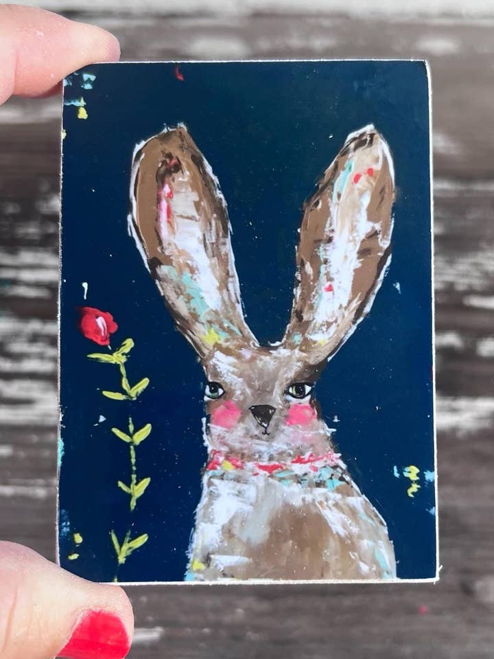 Rabbit Magnet: Whimsical Bunny Reproduction Print on Wood for wholesale by Sunshine Girl Designs