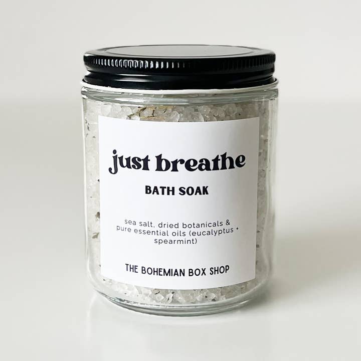 Just Breathe Bath Soak - 8oz Glass Jar of Bath Salts for wholesale by The Bohemian Box Shop