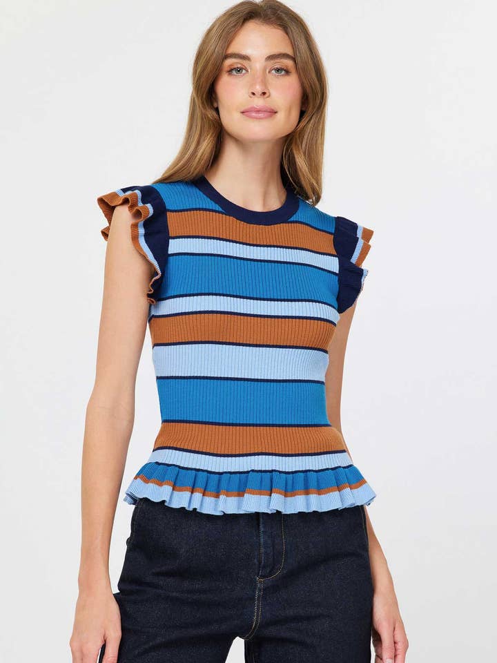 Top de suéter con volante de múltiples rayas para venta al por mayor de Current Air
