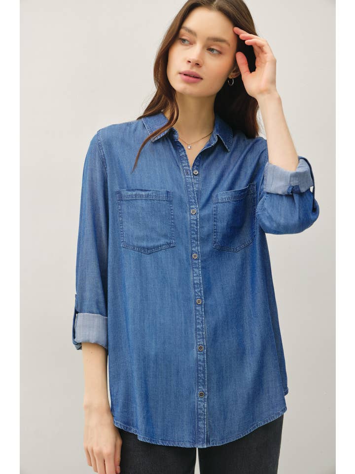 Be Cool - Wholesale Button Down Shirt - Women's - DENIM LOOK LONGSLEEVE TENCEL SHIRT