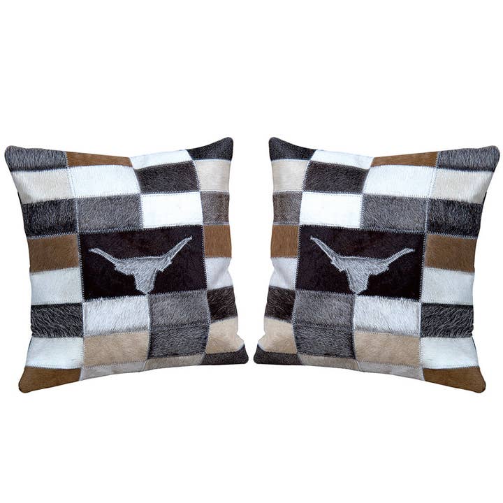Set Of 2 Western Cowhide Leather Hair On Patchwork Cushion Pillow Cover for wholesale by HILASON
