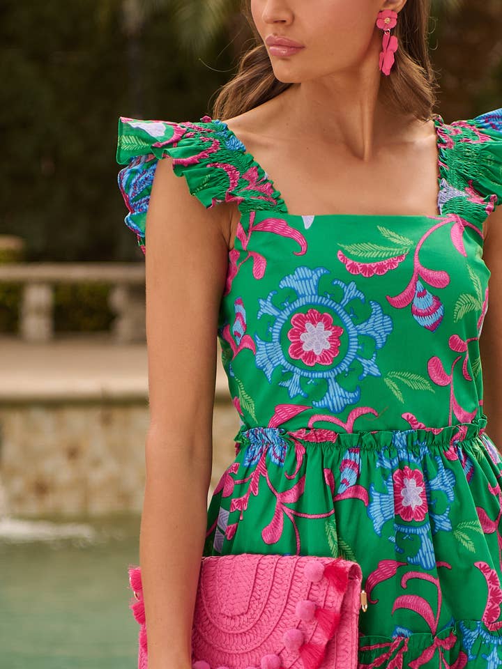 BLUE PINK MULTI Cabina Floral Ruffle Tiered Mini Dress for wholesale on Faire