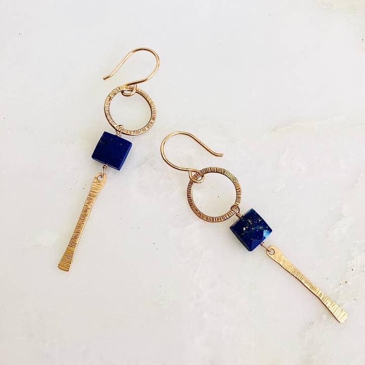 Circle and drop earrings in Lapis for wholesale by Emily Gibbons Jewelry