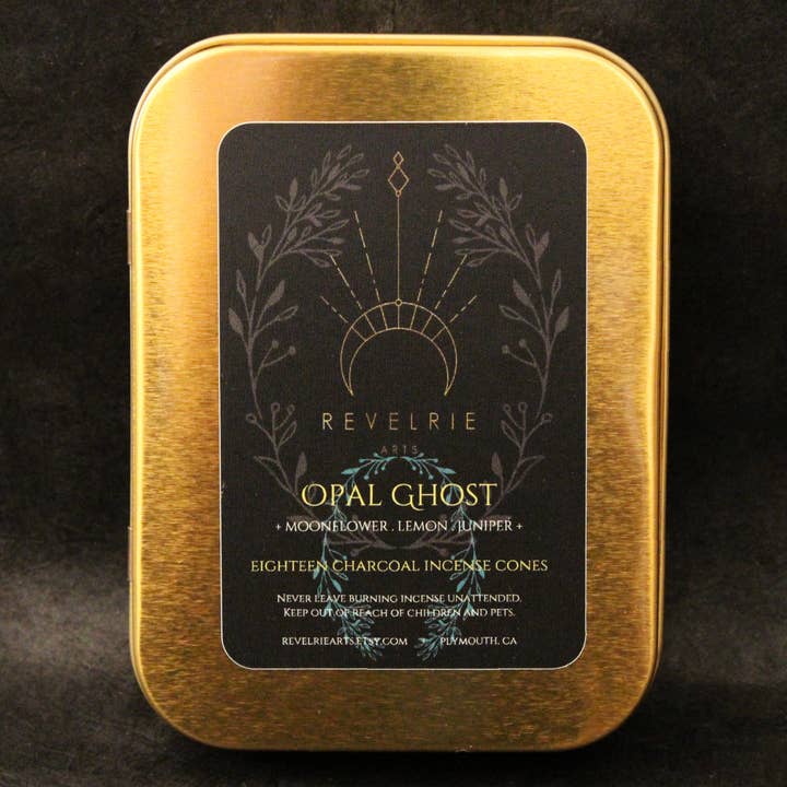 Opal Ghost - Cônes d'encens au charbon dans une boîte en or pour la vente par Revelrie Arts