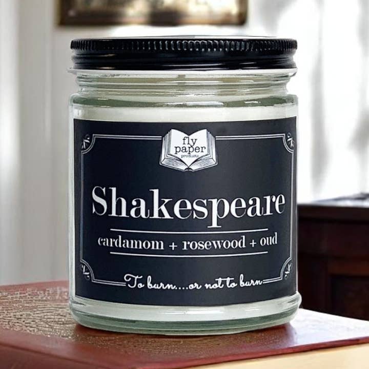 Shakespeare 9oz Glass Candle Cardamom + Rosewood + Oud for wholesale by Fly Paper Products