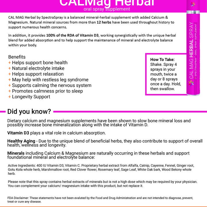 SpectraSpray Global - Vendita all'ingrosso Vitamine/integratori orali - Spray orale minerale a base di erbe CalMag3