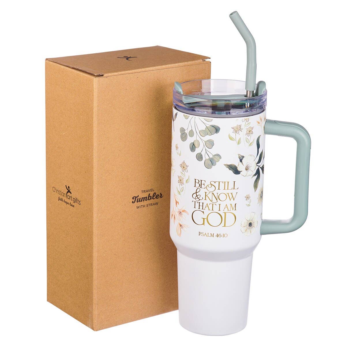 Christian Art Gifts - Wholesale Insulated Mug/Tumbler - Tumbler w/straw SS Green Ps. 46:101