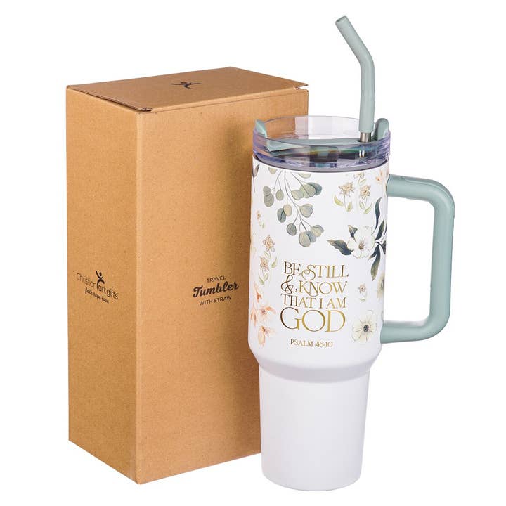 Christian Art Gifts - Wholesale Insulated Mug/Tumbler - Tumbler w/straw SS Green Ps. 46:101