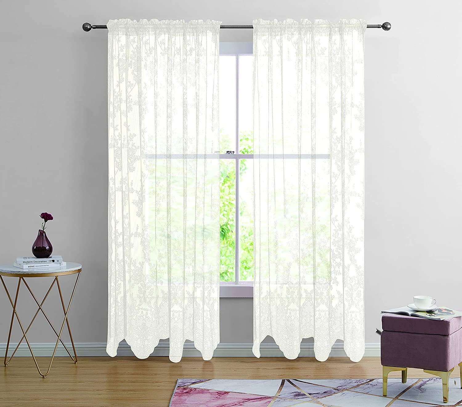 Jenin Home Furnishing Inc - Wholesale Curtain - 2pc Alison Sheer Flower Floral Lace Rod Pocket Curtain Panel8