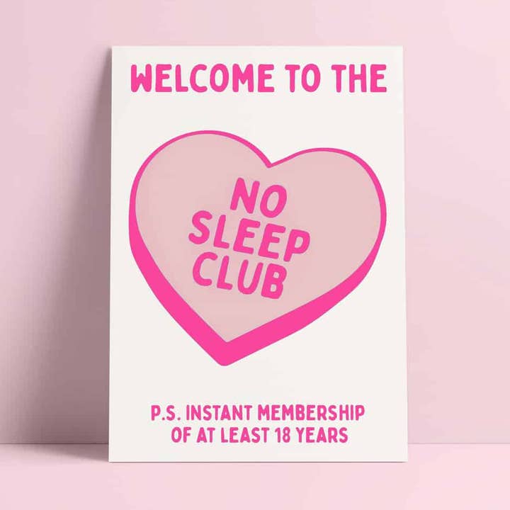 Studio Inktvis - Wholesale Baby Card - No sleep club pink neon Risograph Postcard0