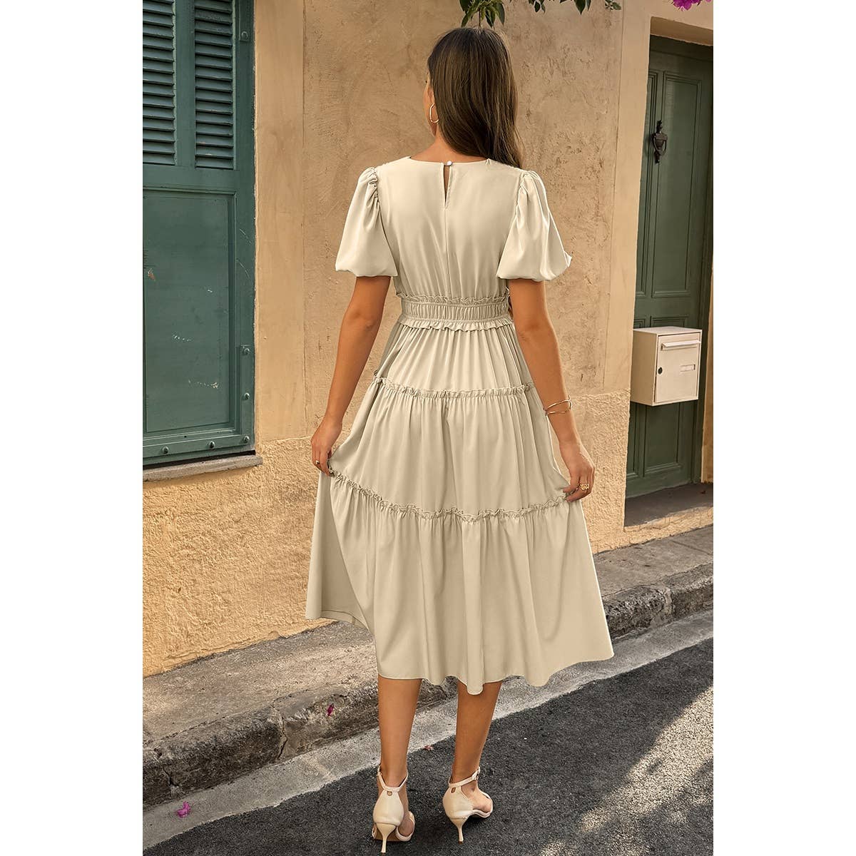 Supreme Fashion – wholesale Dress – Women's – Solid V Neck Puff Sleeve Elastic Waist Dress8