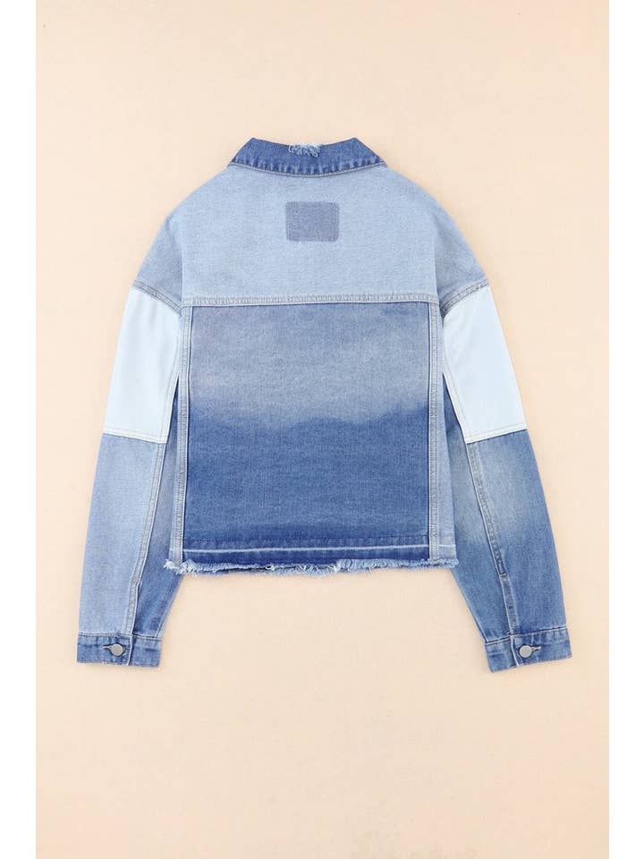 Sky Blue Color Block Denim Patchwork Frayed Hem Jacket for wholesale on Faire