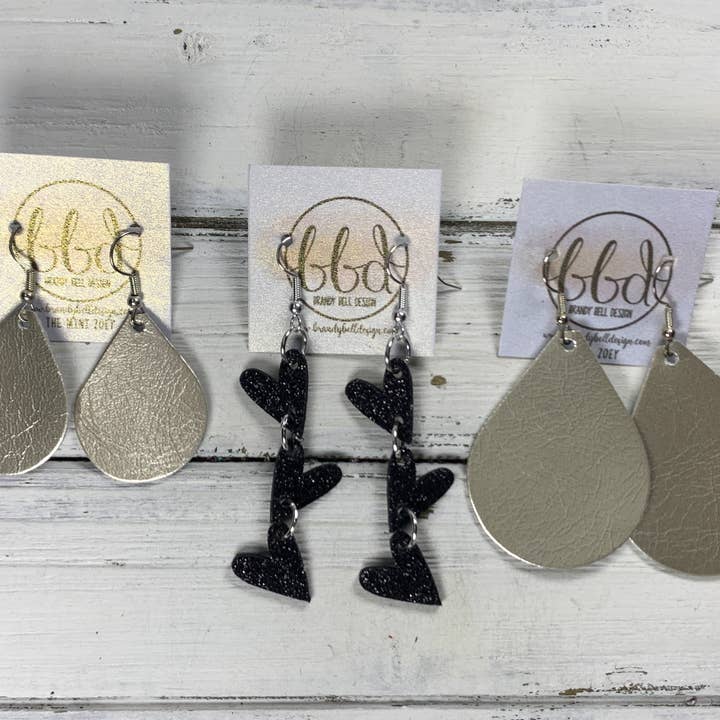 Brandy Bell Design - Wholesale Dangle Earrings - LINKED HEARTS - Tiny Hearts Collection || Leather Earrings || <BR> IRIDESCENT WHITE GLITTER ON THICK LEATHER1