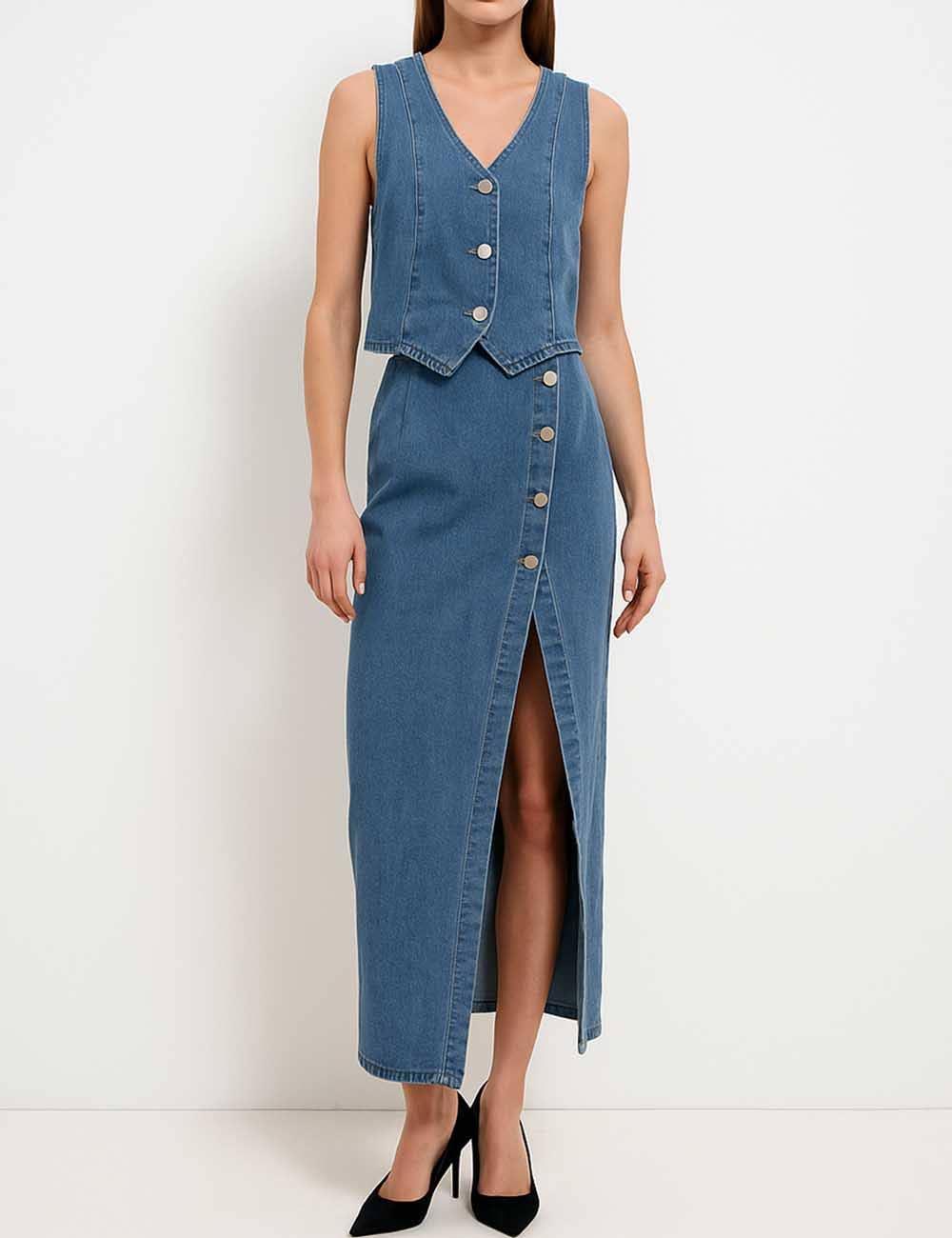 Sweetkama - Wholesale Top & Skirt Set - Women's - Ladies Denim Vest / Split Hem Skirt / Skirt Set 42198