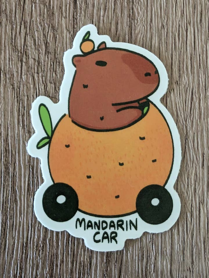 Capibara in Mandarin Car - Leuke vinylsticker van Richard Scarry voor wholesale door Sadsquatch
