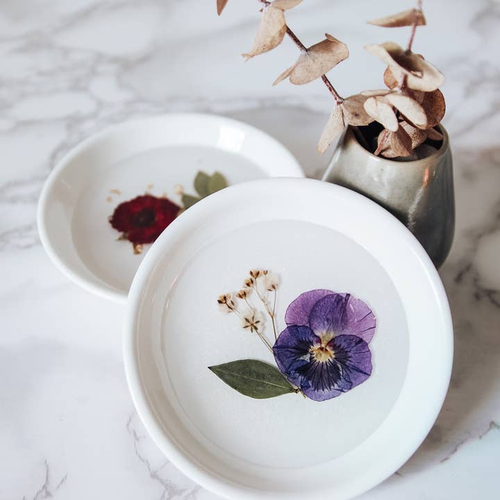 West Creek Mercantile - Wholesale Jewelry Dish - Pressed Flower & Botanical Ceramic Trinket Dish (Assorted)
