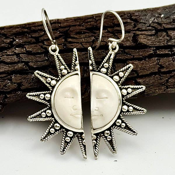 Bronze Hand Carved Bone Split Sun Face Earrings for wholesale by Goddess Design Studio