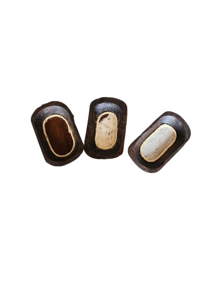 Mini taça de madeira com variados couro de vaca e corda por atacado de Luises Perez Imports LLC