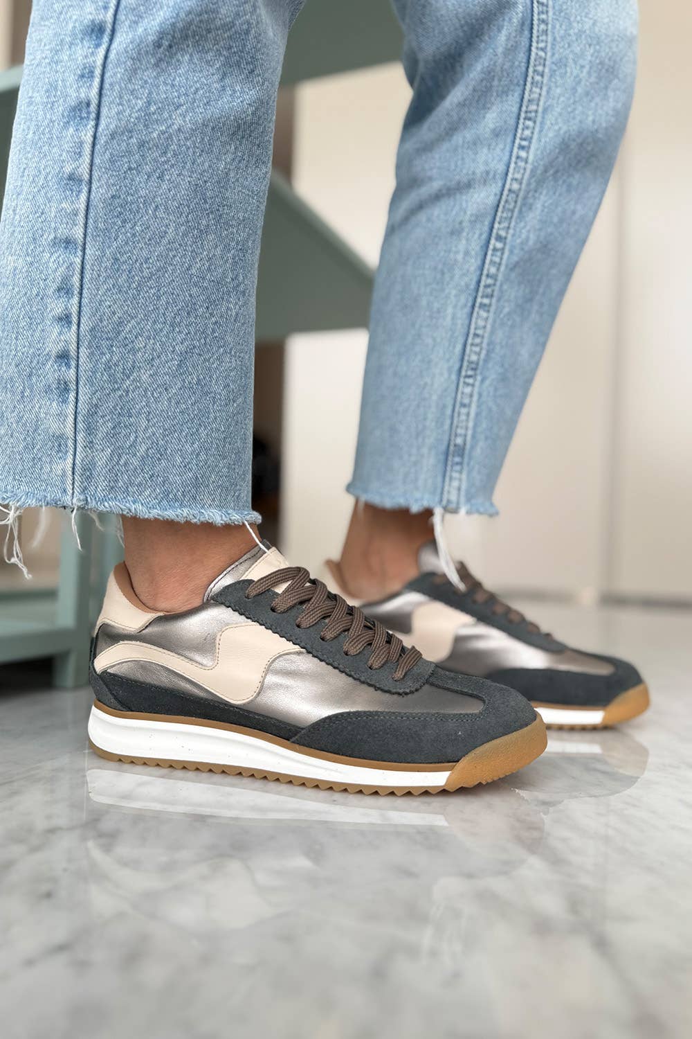 PMK SHOES - Wholesale Lifestyle Sneakers - Women's - Poema - Pewter - Handmade Cow Leather Sneakers