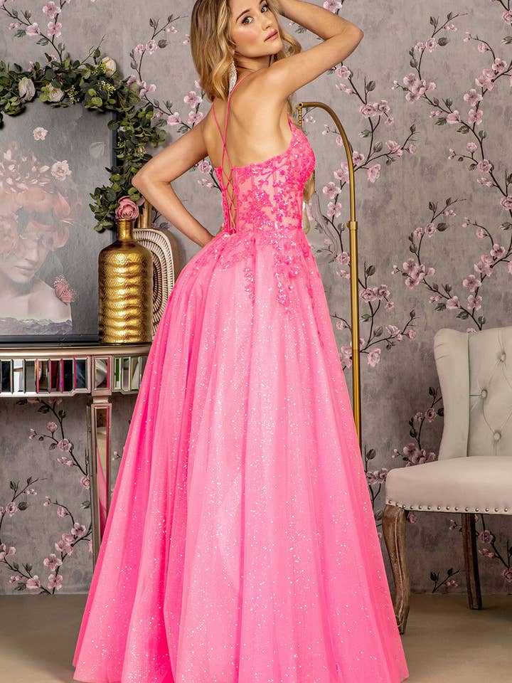 SMC Fashion - Wholesale Gown - Women's - Glitter Illusion Sweetheart Sheer Bodice Mesh A-line Long Prom Dress GLGL32183