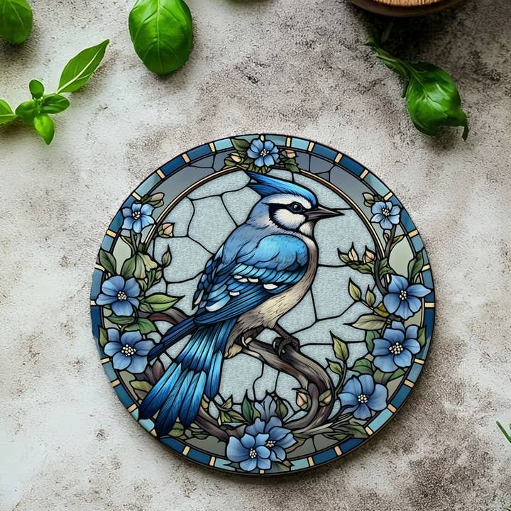 Fernville Creations - Wholesale Coasters - Bluejay Ceramic Coaster, Printed Stained Glass Image7