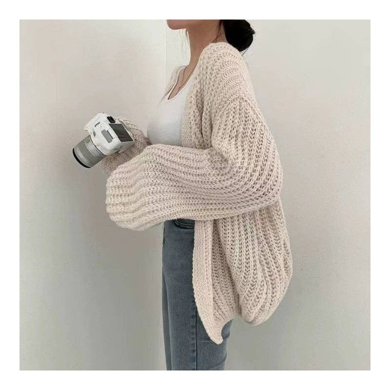 OceanusSwim - Wholesale Cardigan - Women's - V-Neck Loose-Fit Casual Solid Color Lantern Sleeve Knit Cardigan2