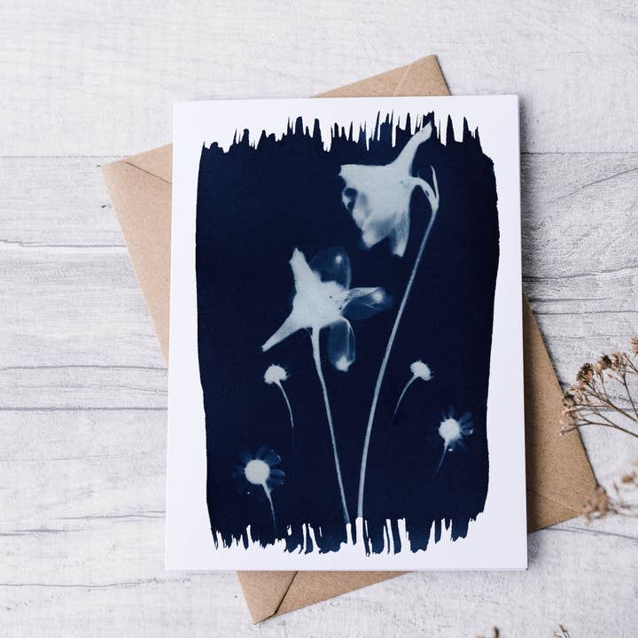 Blue Floral Greeting Card - Chamomile and Delphinium for wholesale by Far Mountain Studio