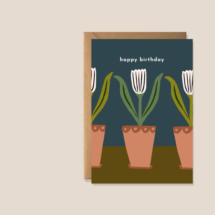 Tarjeta de cumpleaños con tulipanes en maceta para venta al por mayor de Kiran Ravilious