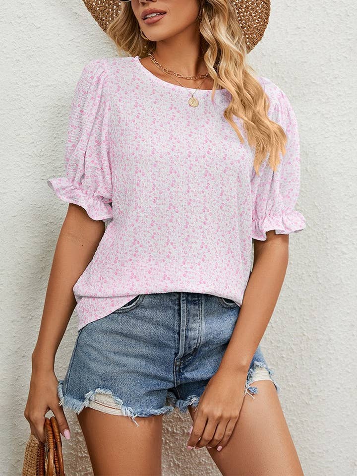 CWTSTS0365_FLORAL LOOSE ROUND NECK PULLOVER SHORTSLEEVE for wholesale by NINEXIS